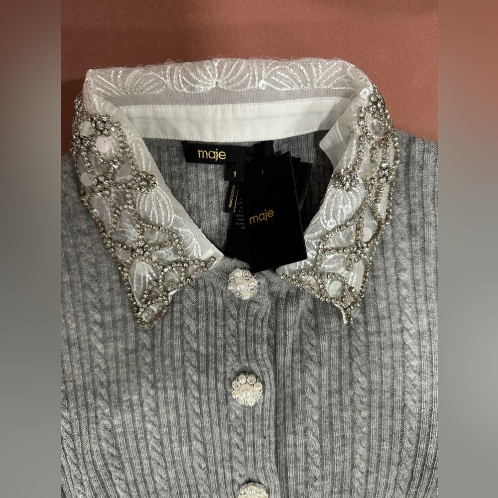 Maje Gray Cardigan with Beaded Collar - Picture 9 of 9